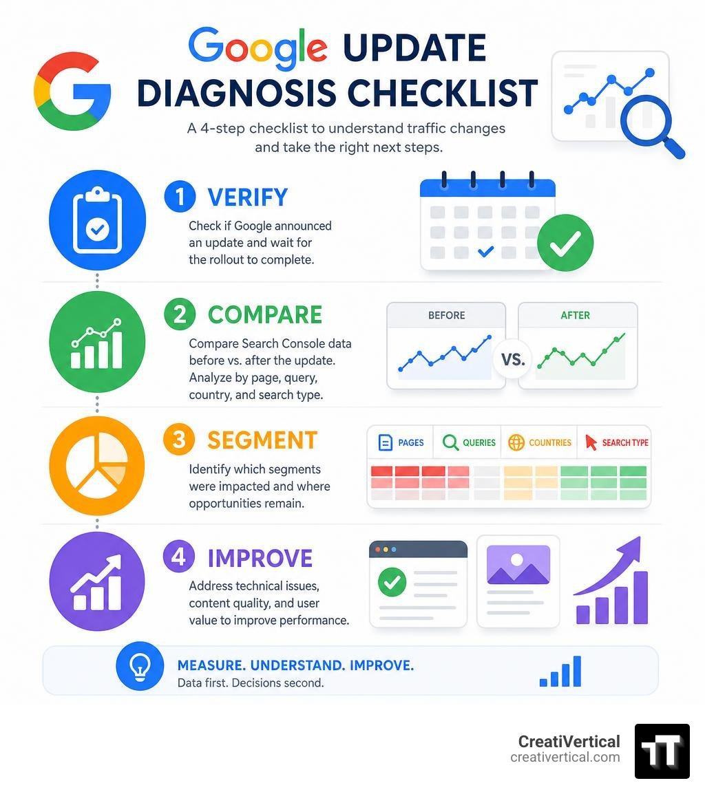 Google update diagnosis checklist showing verify, compare, segment, improve infographic
