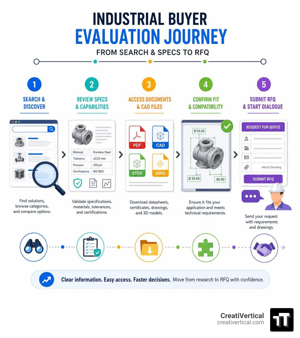Industrial buyer evaluation journey from search and specs to RFQ infographic Industrial buyer evaluation journey from search and specs to RFQ infographic