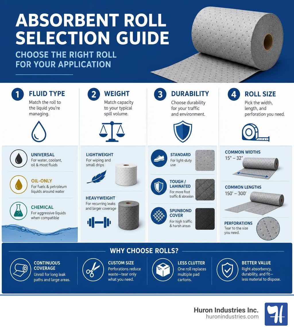 Absorbent roll selection by fluid type, weight, durability, and roll size infographic