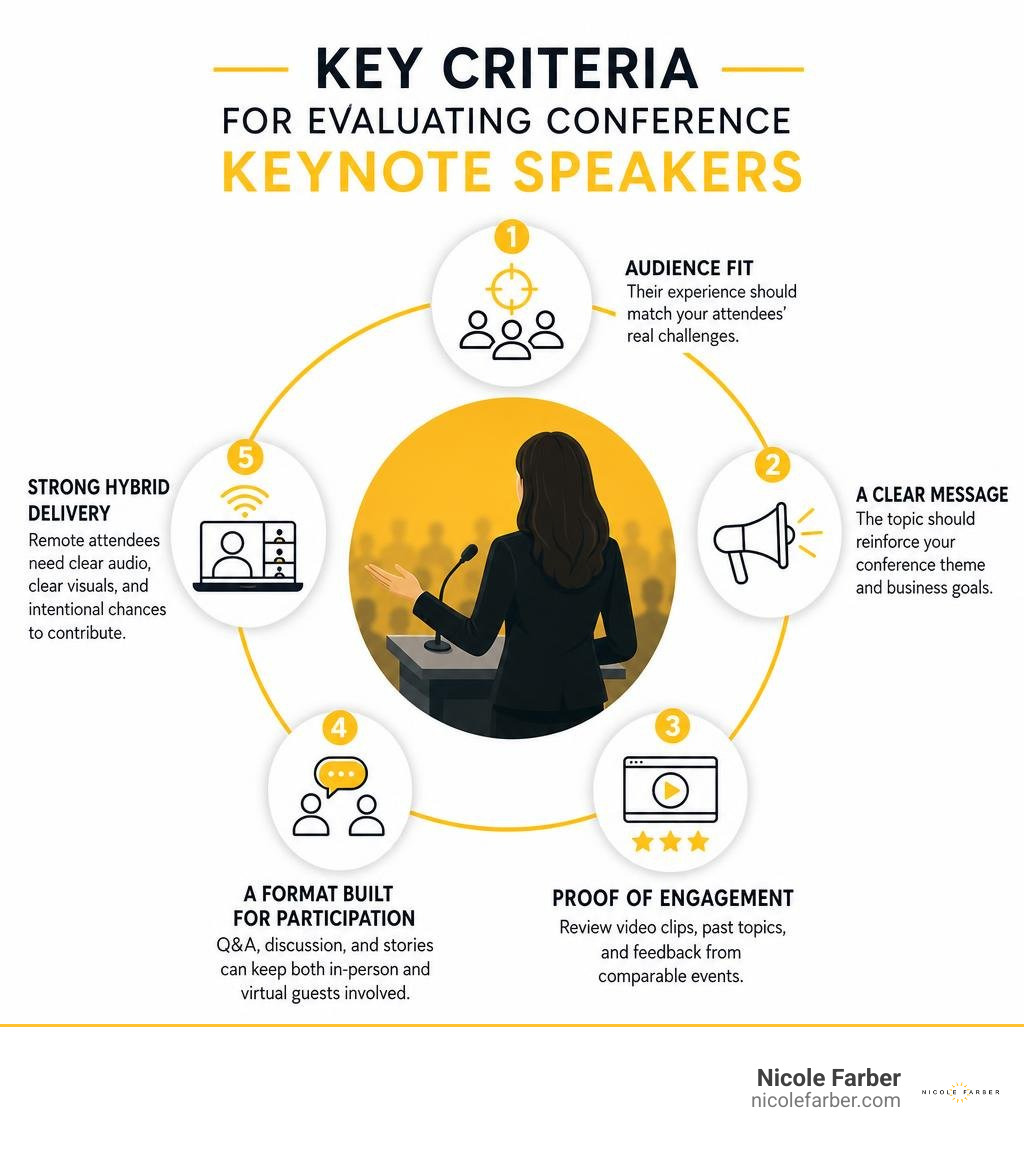 Key criteria for evaluating conference keynote speakers infographic