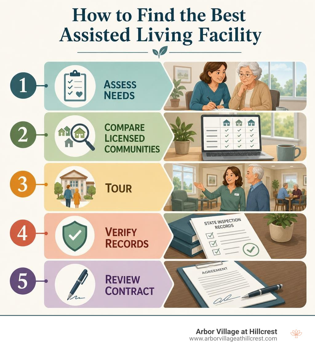 Infographic: assess needs, compare licensed communities, tour, verify records, review contract infographic