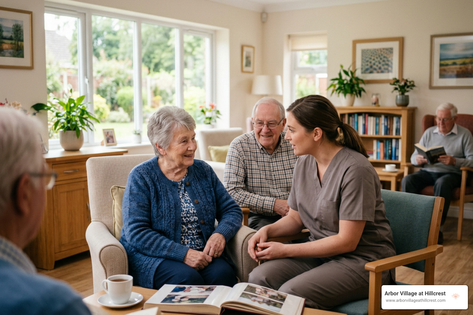 Care coordinator providing a guided tour of a senior living community Care coordinator providing a guided tour of a senior living community