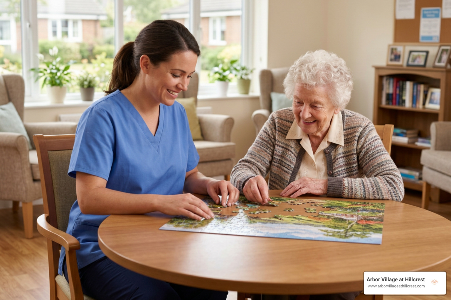 caregiver assisting a memory care resident with cognitive activities caregiver assisting a memory care resident with cognitive activities
