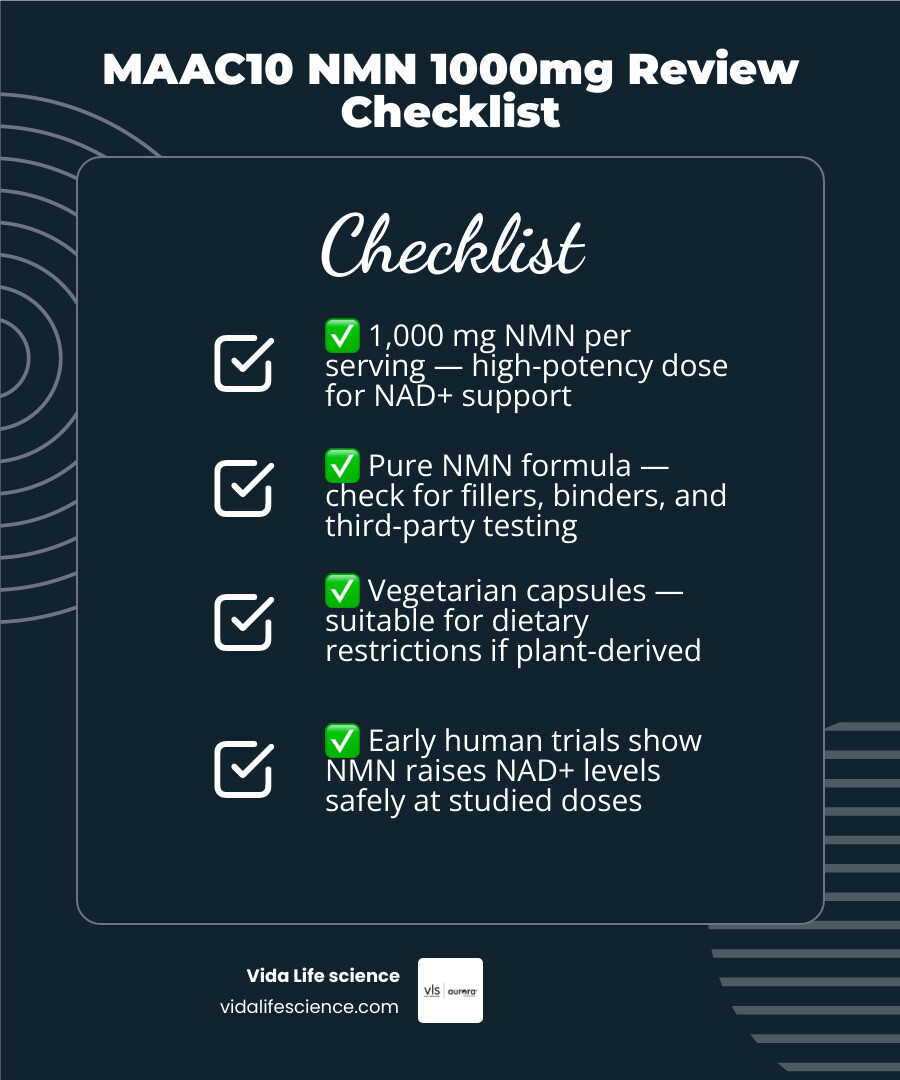 NMN 1000mg review checklist: NAD+ support, dose, evidence, safety, and quality infographic