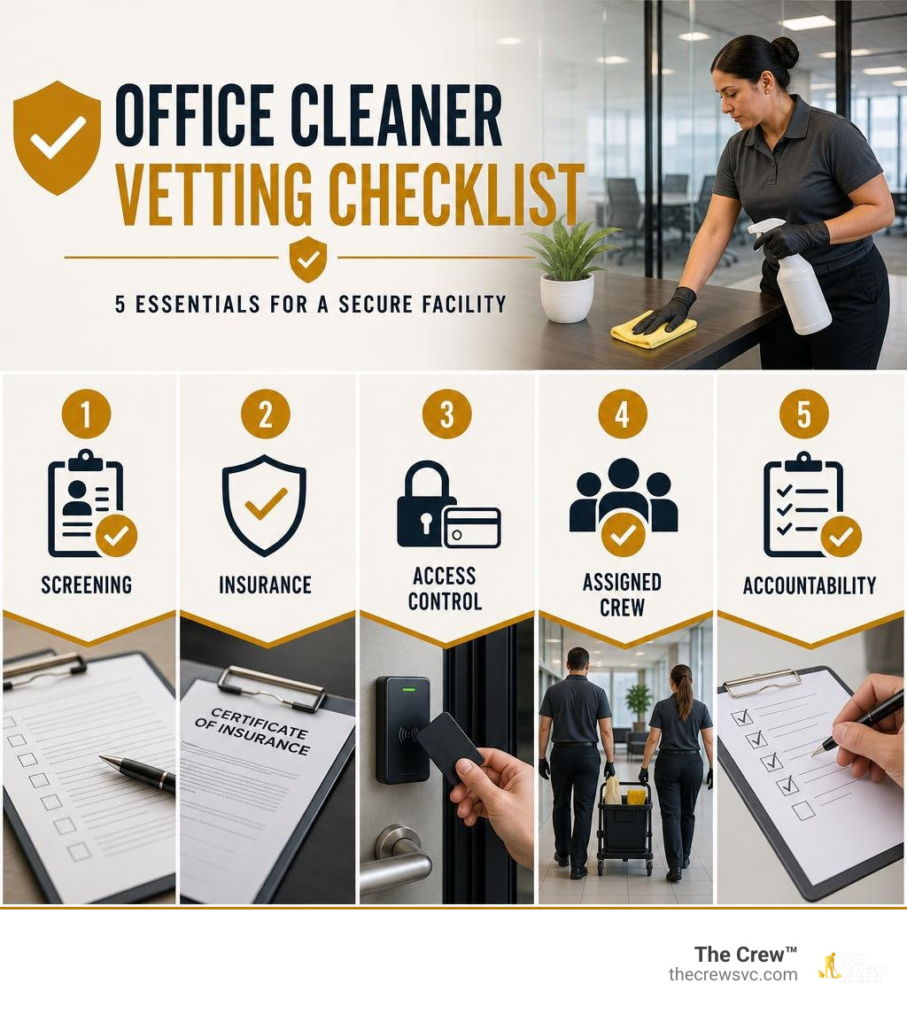 Office cleaner vetting checklist: screening, insurance, access control, assigned crew, accountability infographic Office cleaner vetting checklist: screening, insurance, access control, assigned crew, accountability infographic