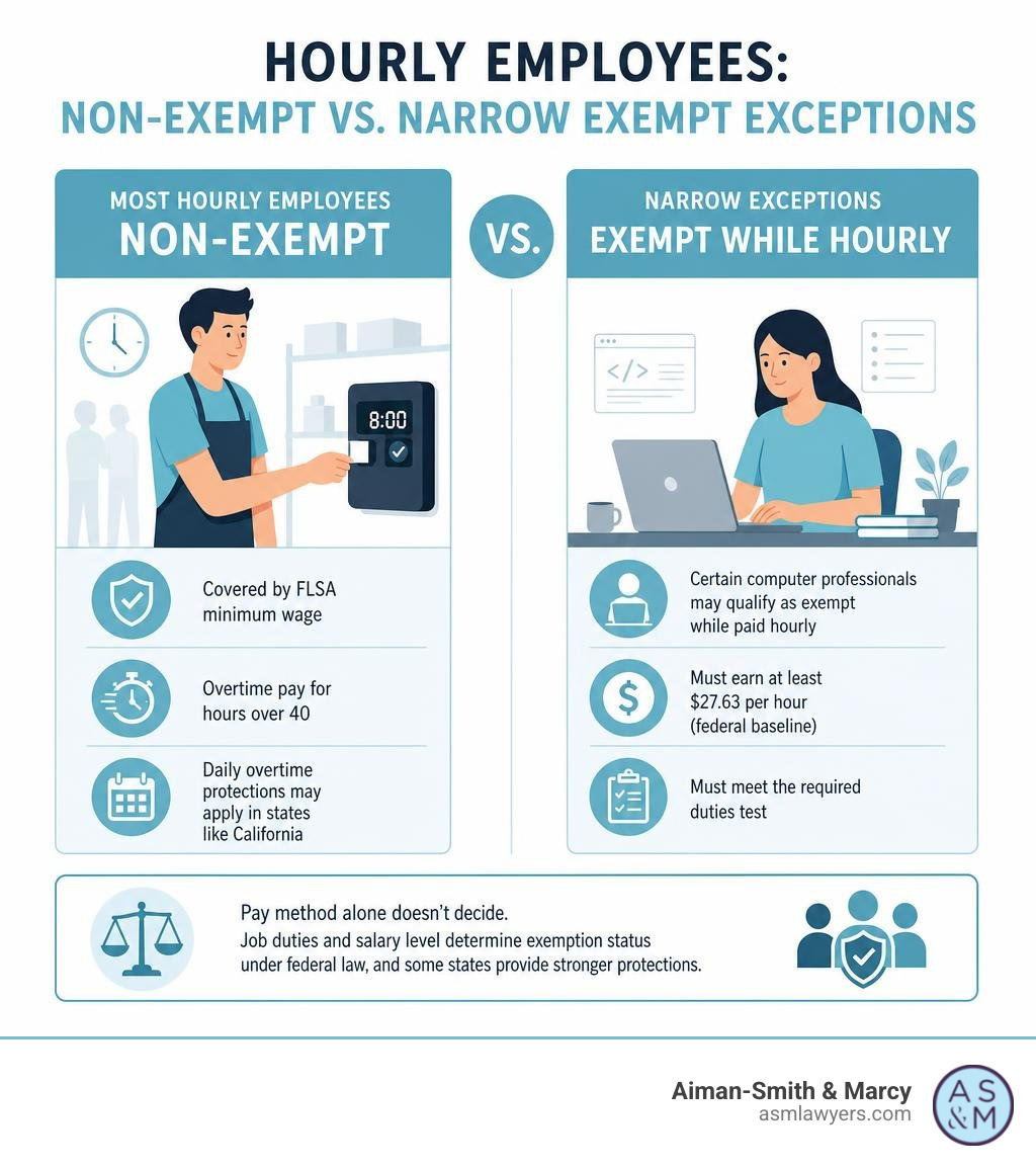 Infographic comparing hourly non-exempt workers and narrow exempt exceptions infographic