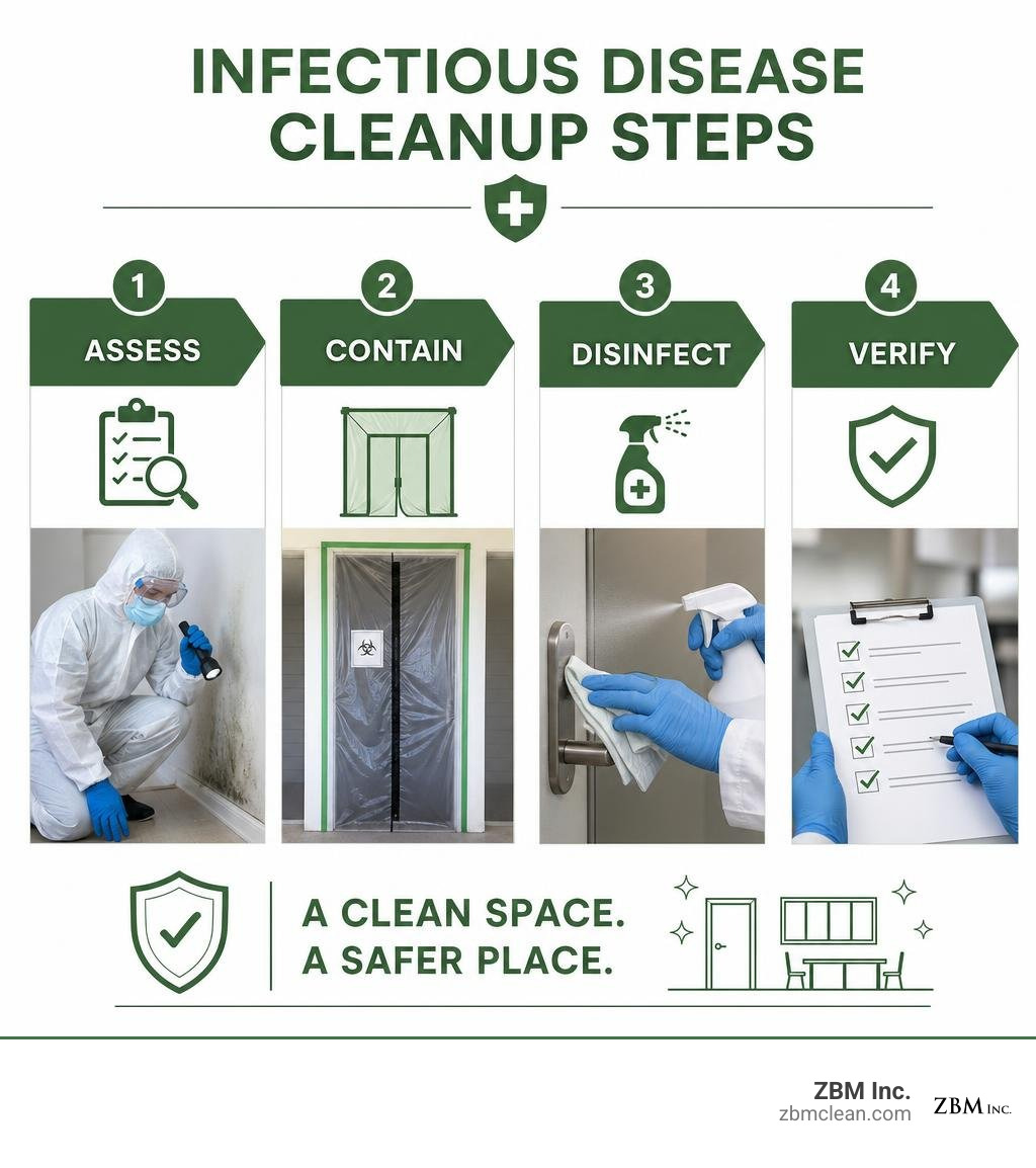 Infectious disease cleanup steps: assess, contain, disinfect, verify infographic Infectious disease cleanup steps: assess, contain, disinfect, verify infographic