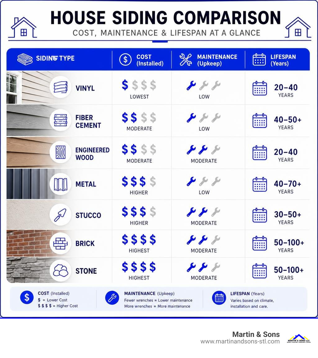 House siding types with cost maintenance and lifespan comparison infographic House siding types with cost maintenance and lifespan comparison infographic