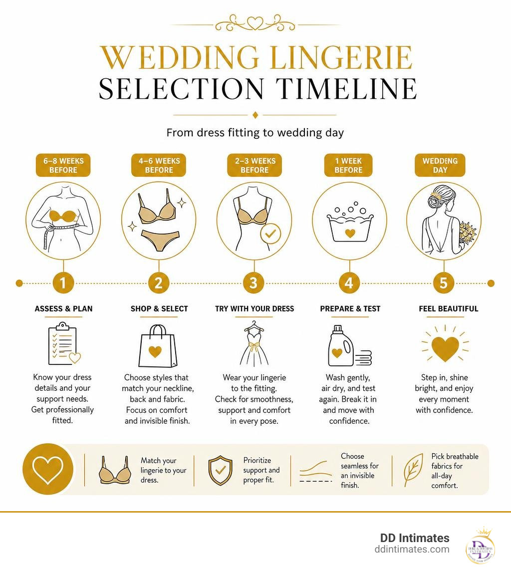 Wedding lingerie selection timeline from dress fitting to wedding day infographic Wedding lingerie selection timeline from dress fitting to wedding day infographic