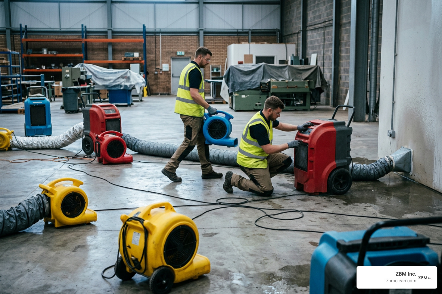 industrial air movers and dehumidifiers deployed