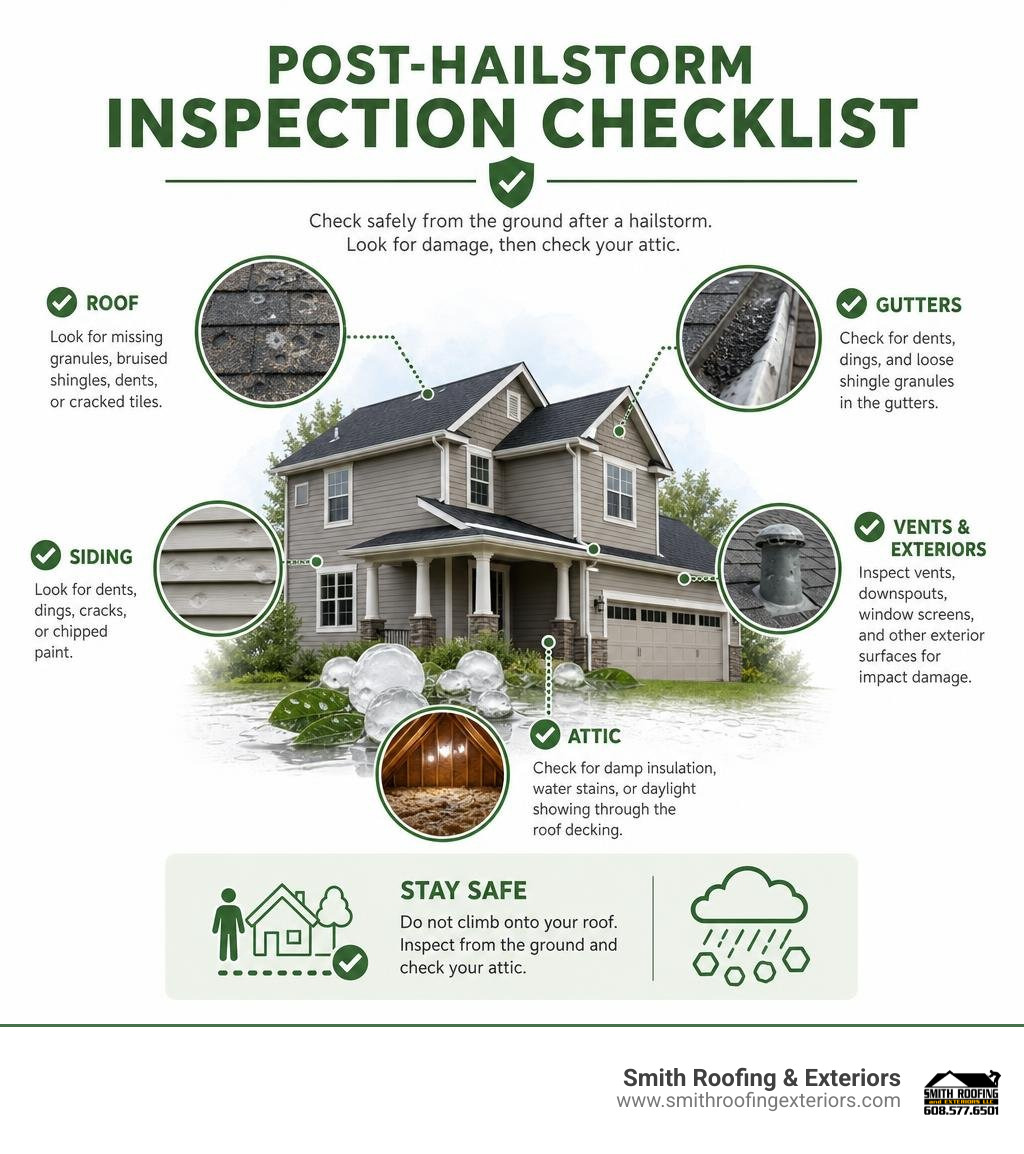 Post-hailstorm inspection checklist for roofs gutters siding and attic infographic Post-hailstorm inspection checklist for roofs gutters siding and attic infographic