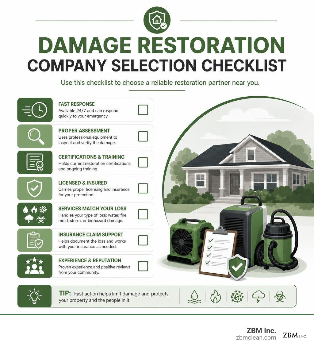 Damage restoration company selection checklist infographic