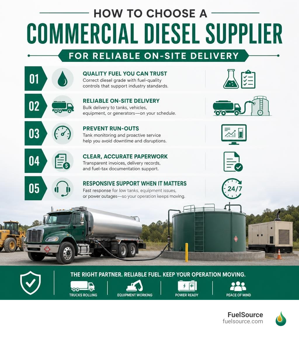 How to choose a commercial diesel supplier for reliable on-site delivery infographic