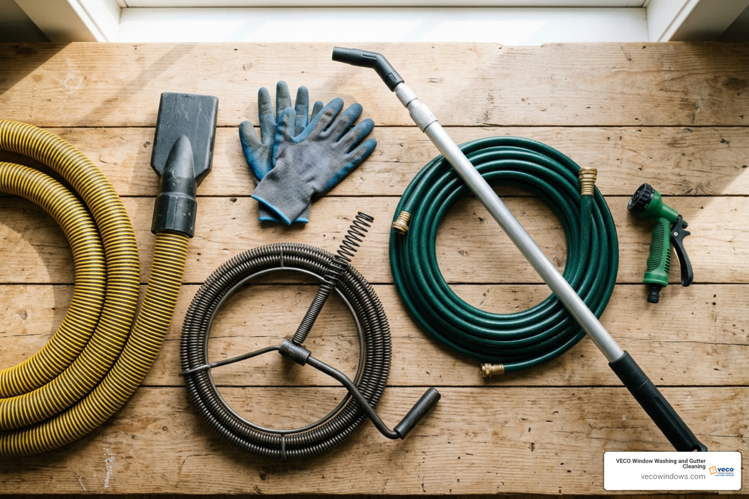 Gutter cleaning tools including drain snake, hose attachment, and wet-dry vac Gutter cleaning tools including drain snake, hose attachment, and wet-dry vac