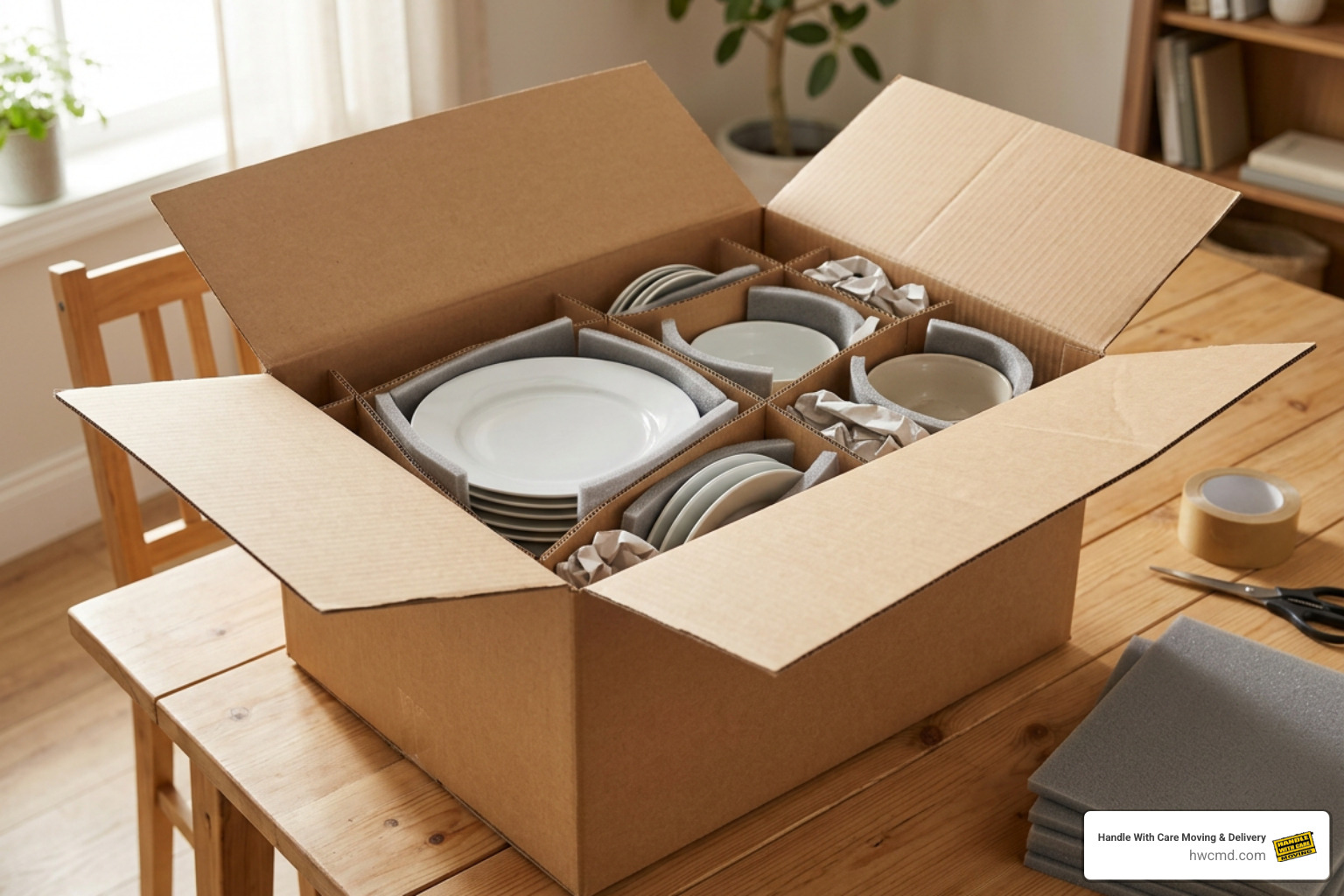 Specialized dish packing kit with cellular partitions and cushioning foam Specialized dish packing kit with cellular partitions and cushioning foam