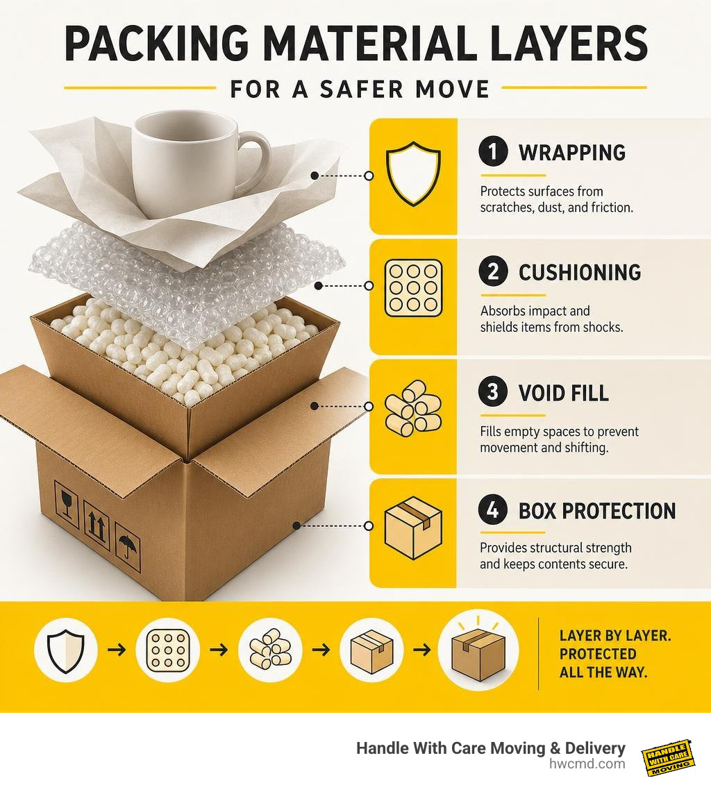 Packing material layers for wrapping, cushioning, void fill, and box protection infographic Packing material layers for wrapping, cushioning, void fill, and box protection infographic