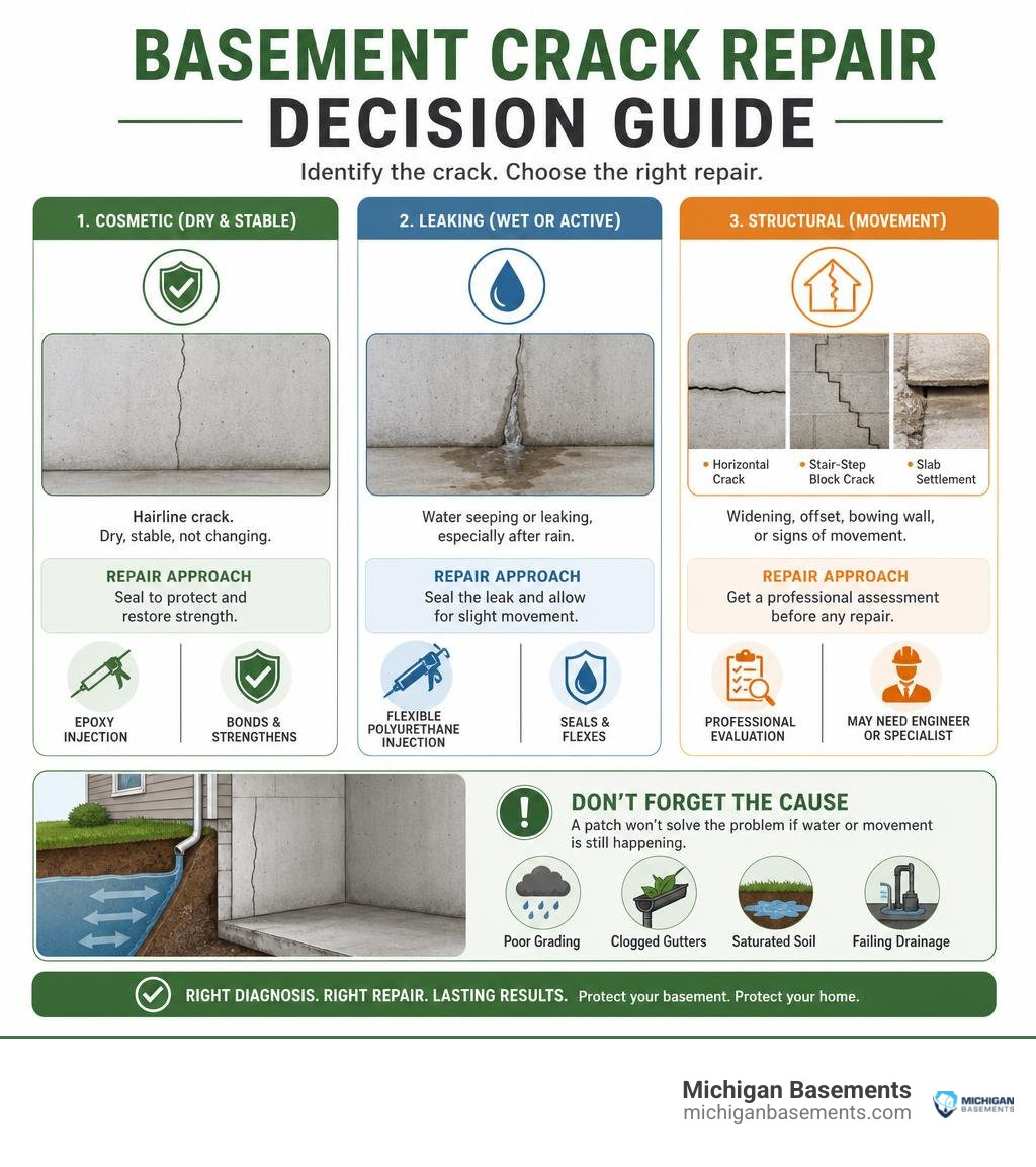 Basement crack repair decision guide for cosmetic, leaking, and structural cracks infographic