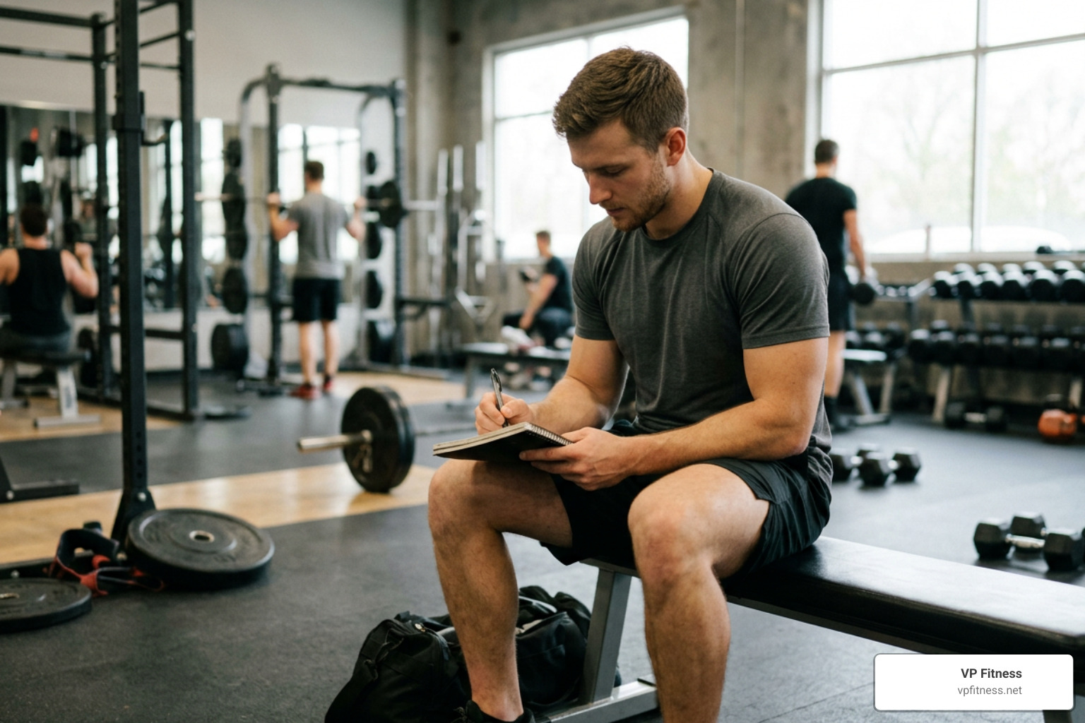 Lifting athlete tracking sets reps and load in a workout logbook