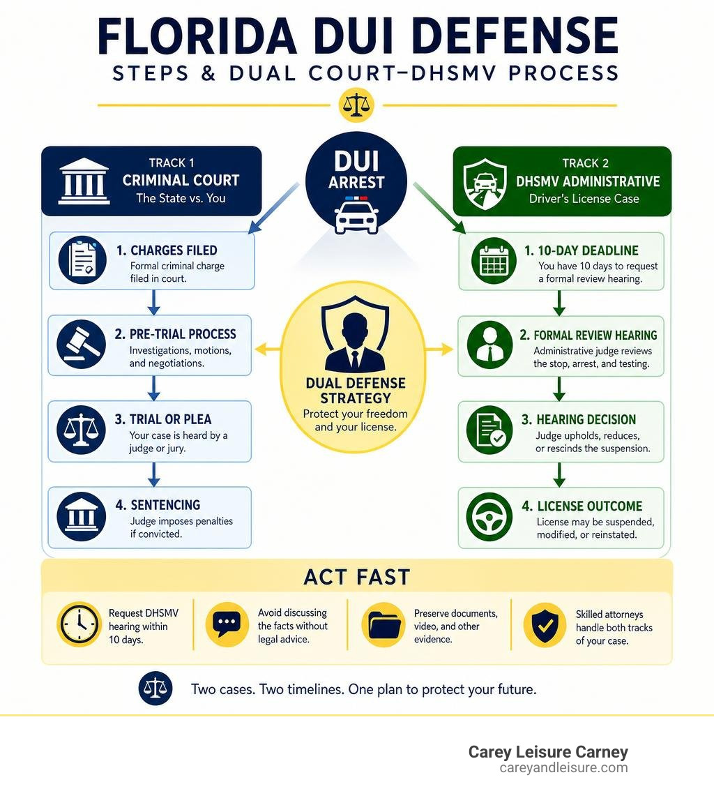 Florida DUI defense steps and dual court-DHSMV process infographic