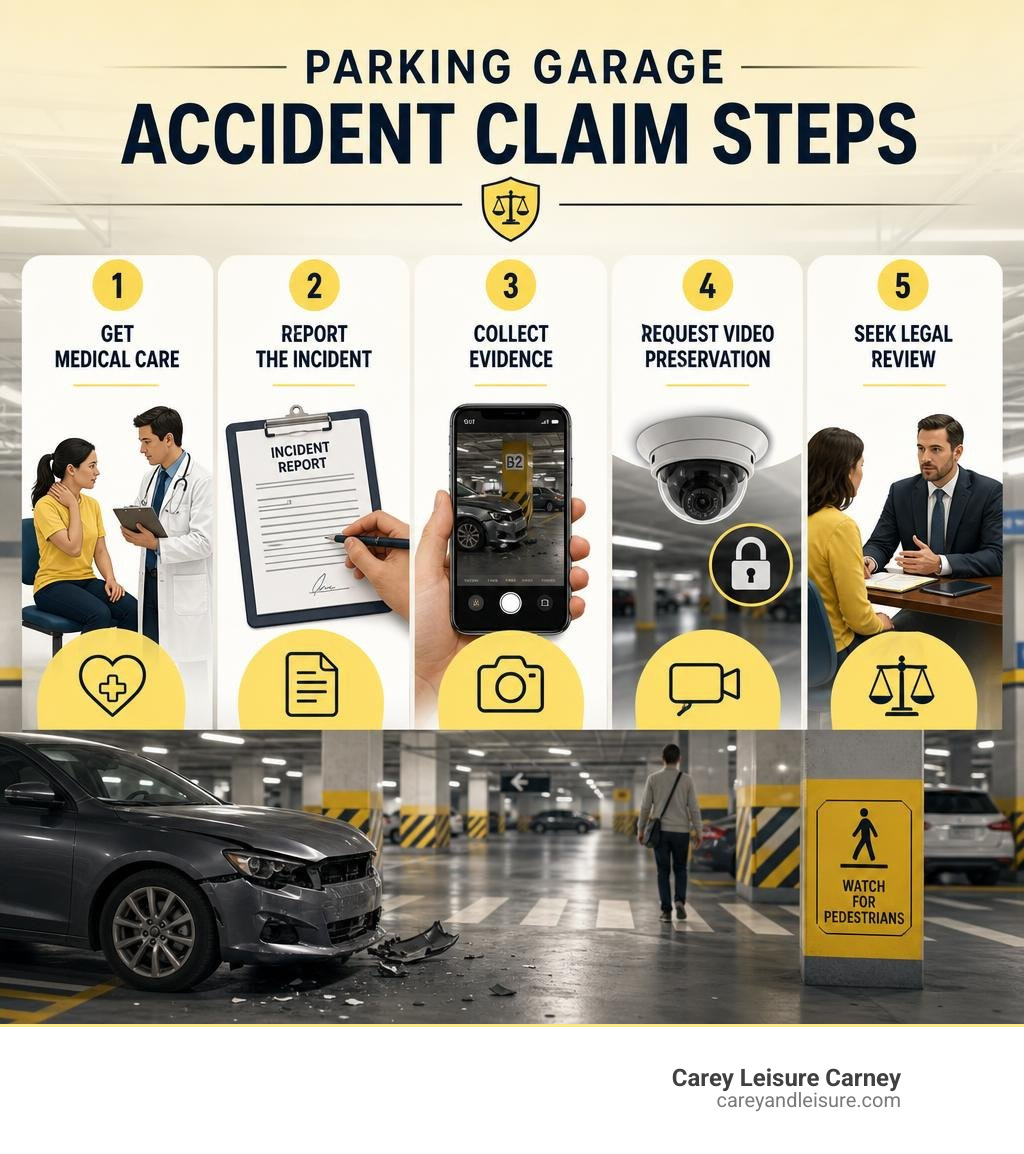 Parking garage accident claim steps: medical care, report, evidence, video preservation, legal review infographic