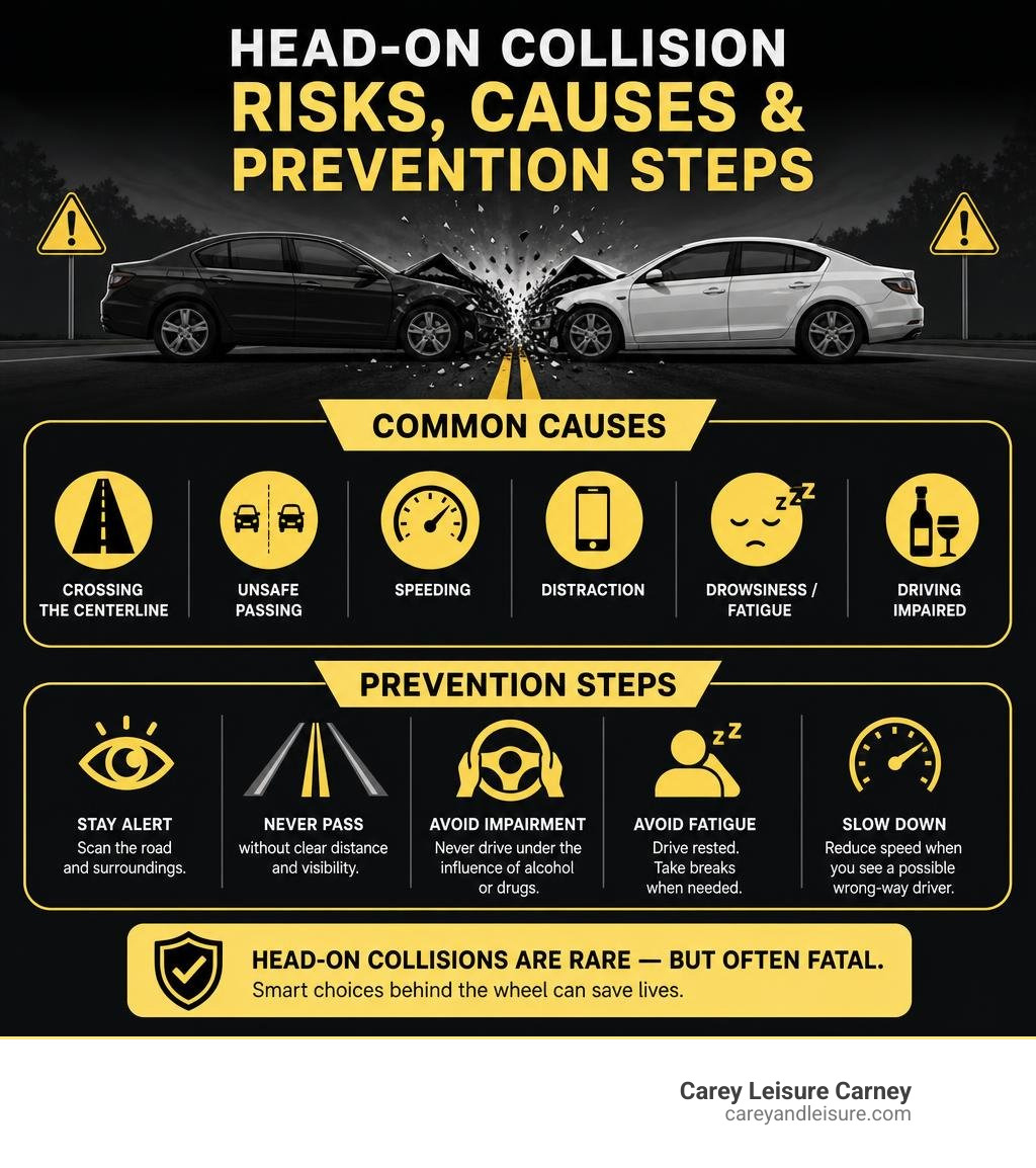 Head-on collision risks causes and prevention steps infographic
