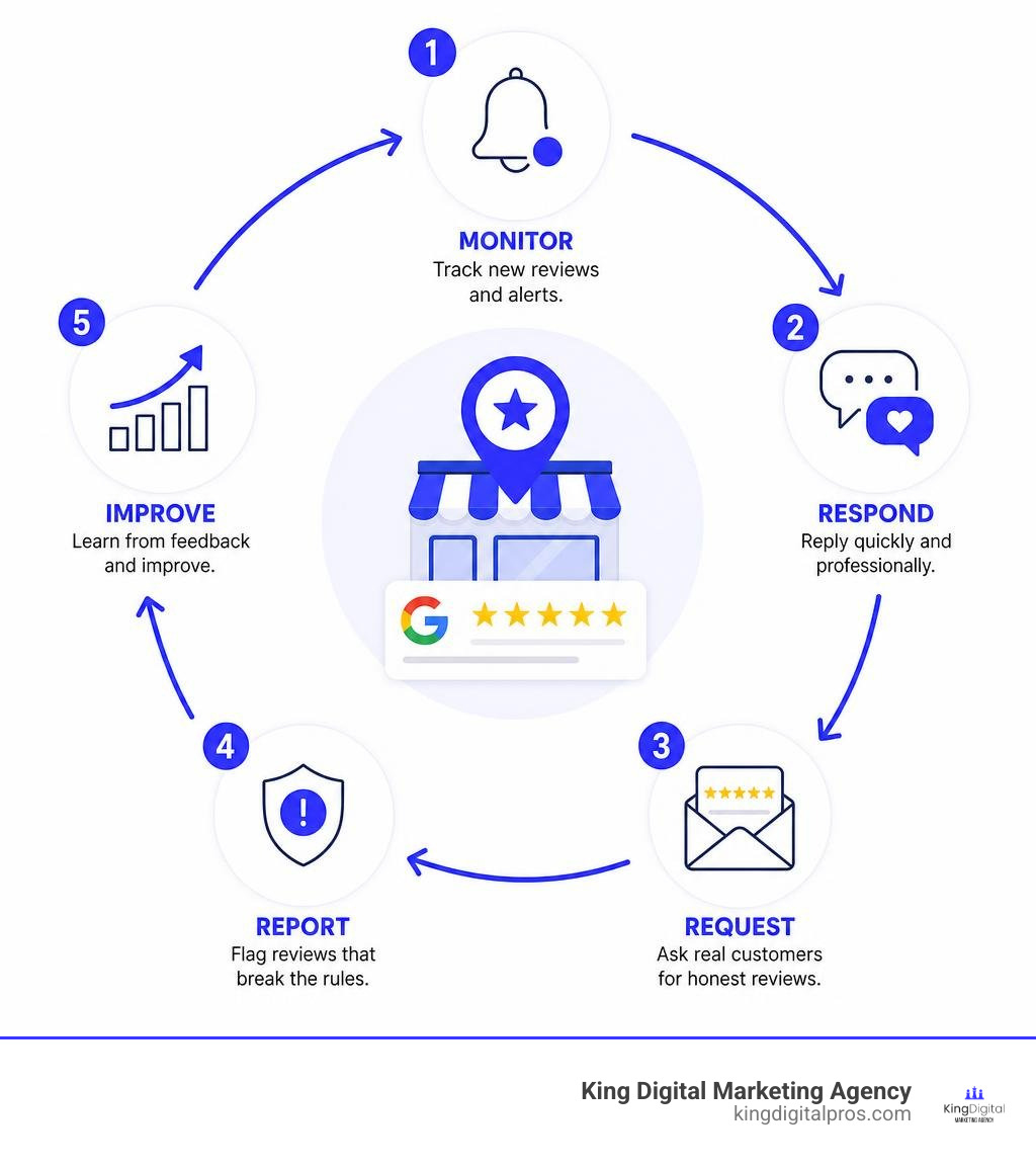 Google review management lifecycle: monitor, respond, request, report, improve infographic Google Review Management Lifecycle: Monitor, Respond, Request, Report, Improve Infographic