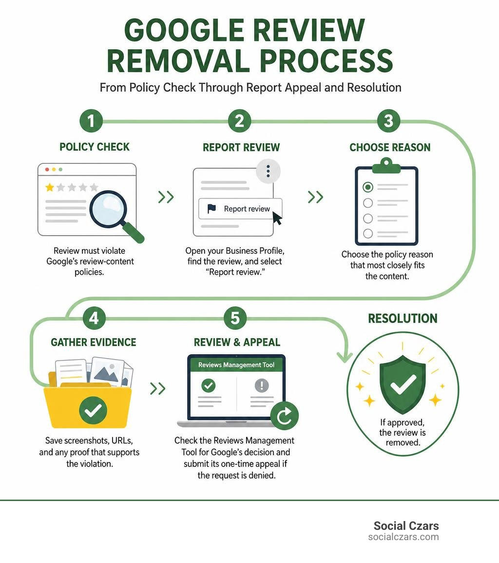 Google review removal process from policy check through report appeal and resolution infographic Google review removal process from policy check through report appeal and resolution infographic