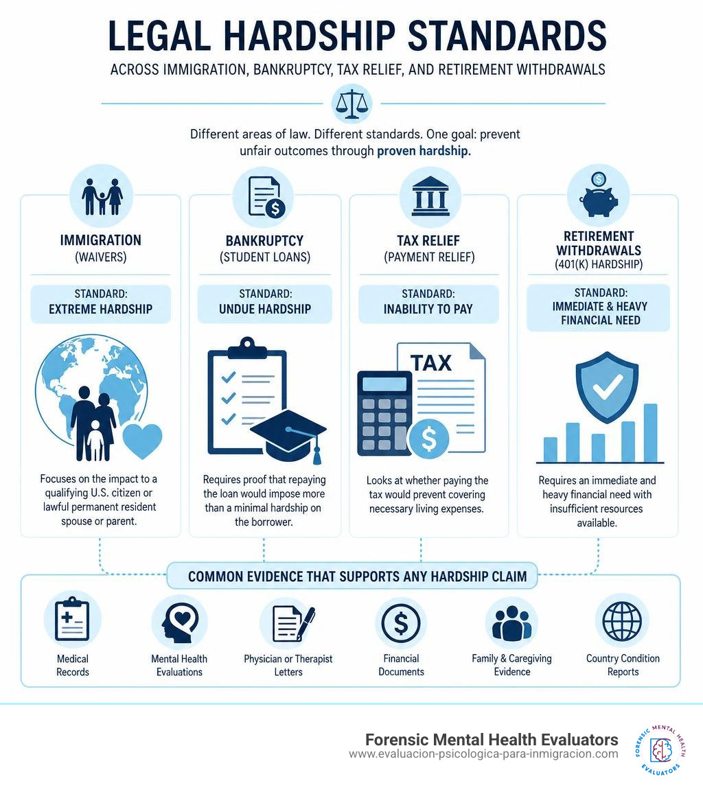 Legal hardship standards across immigration, bankruptcy, tax relief, and retirement withdrawals infographic Legal hardship standards across immigration, bankruptcy, tax relief, and retirement withdrawals infographic
