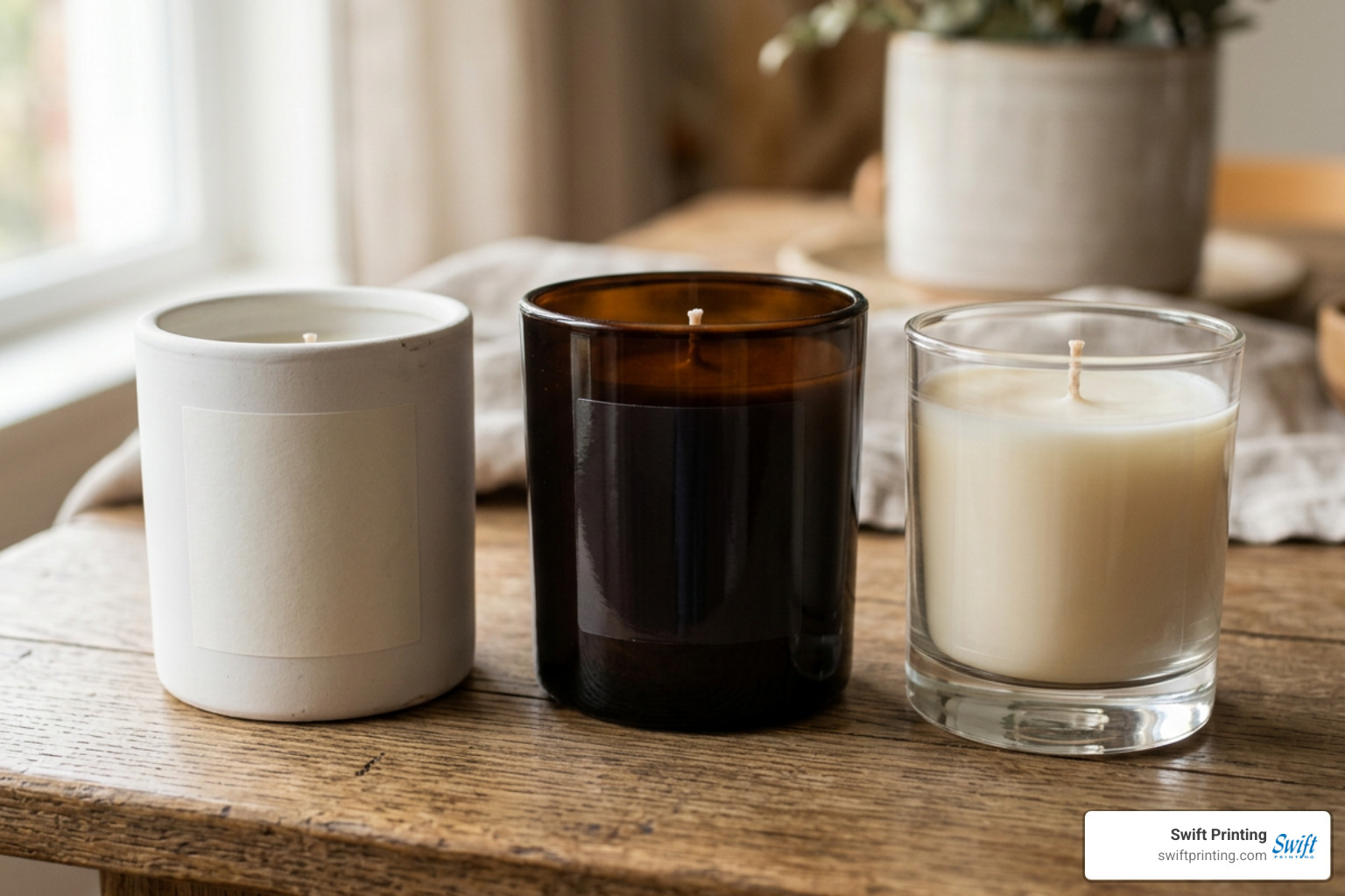 Assorted candle vessels featuring matte paper, glossy polypropylene, and clear BOPP labels