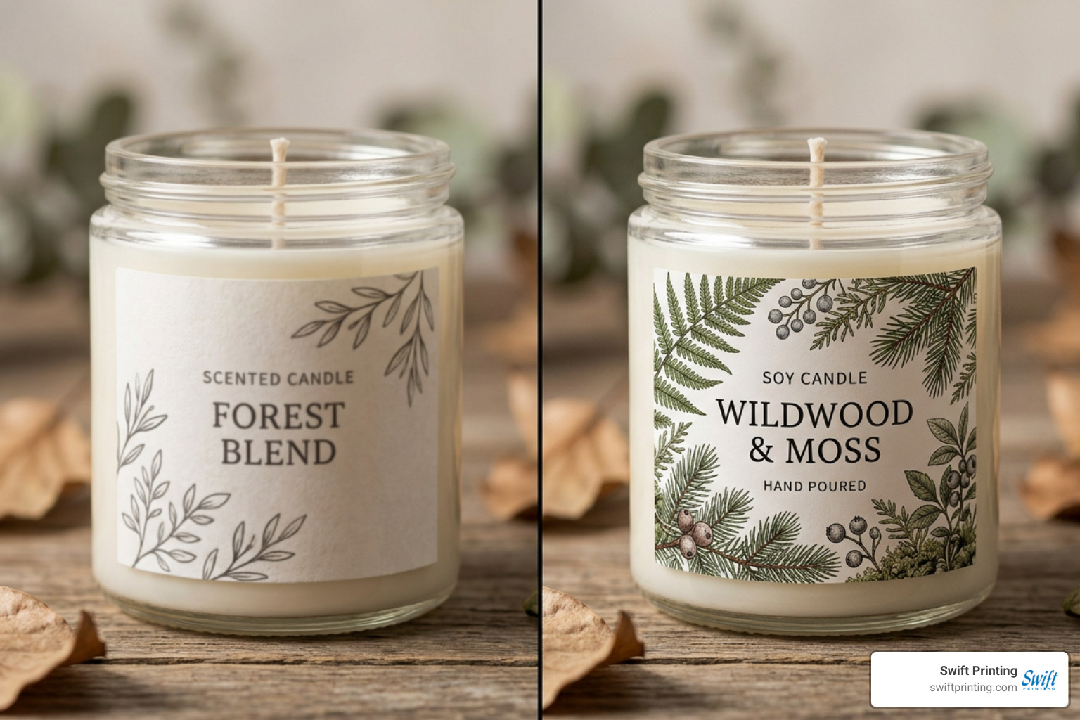 Close-up comparison of 300 DPI text versus 1200 DPI photographic candle label graphics