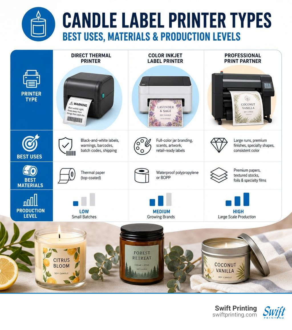 Candle label printer types, best uses, materials, and production levels infographic