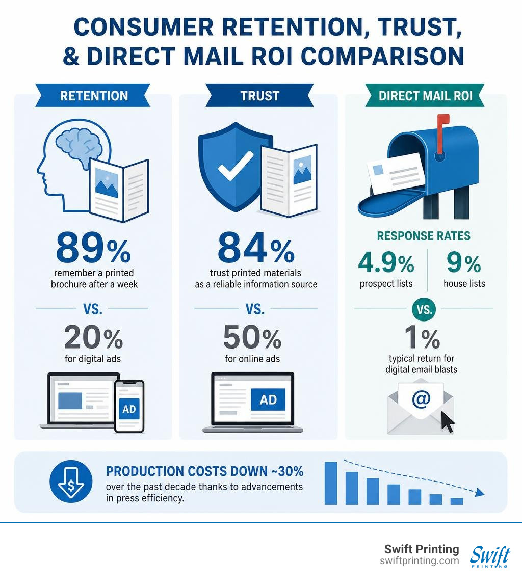Consumer retention, trust, and direct mail ROI comparison infographic