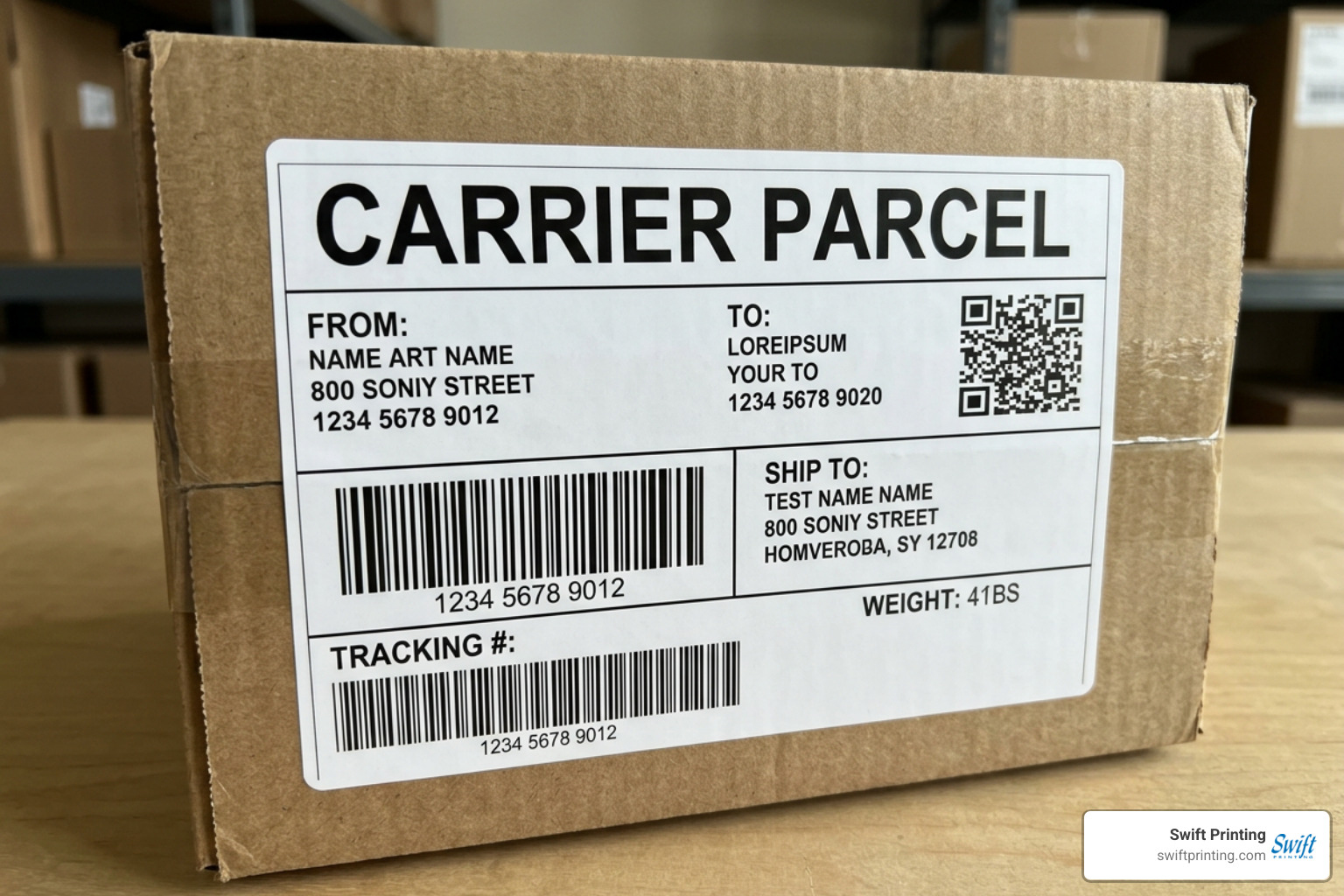 Thermal 4x6 carrier parcel shipping label with scannable linear barcodes and 2D matrix code