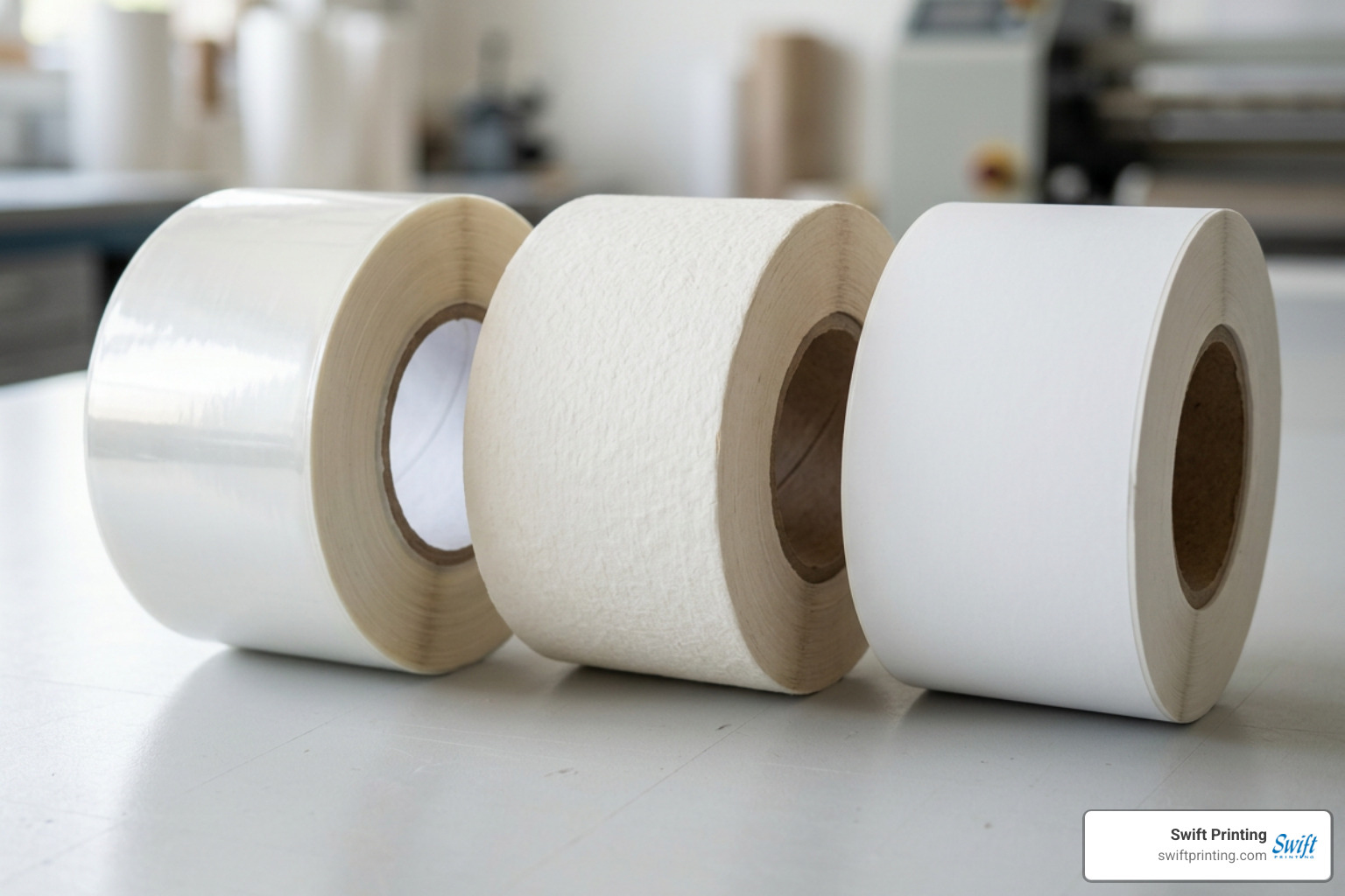 Diverse rolls of synthetic clear BOPP, textured estate paper, and matte white roll labels