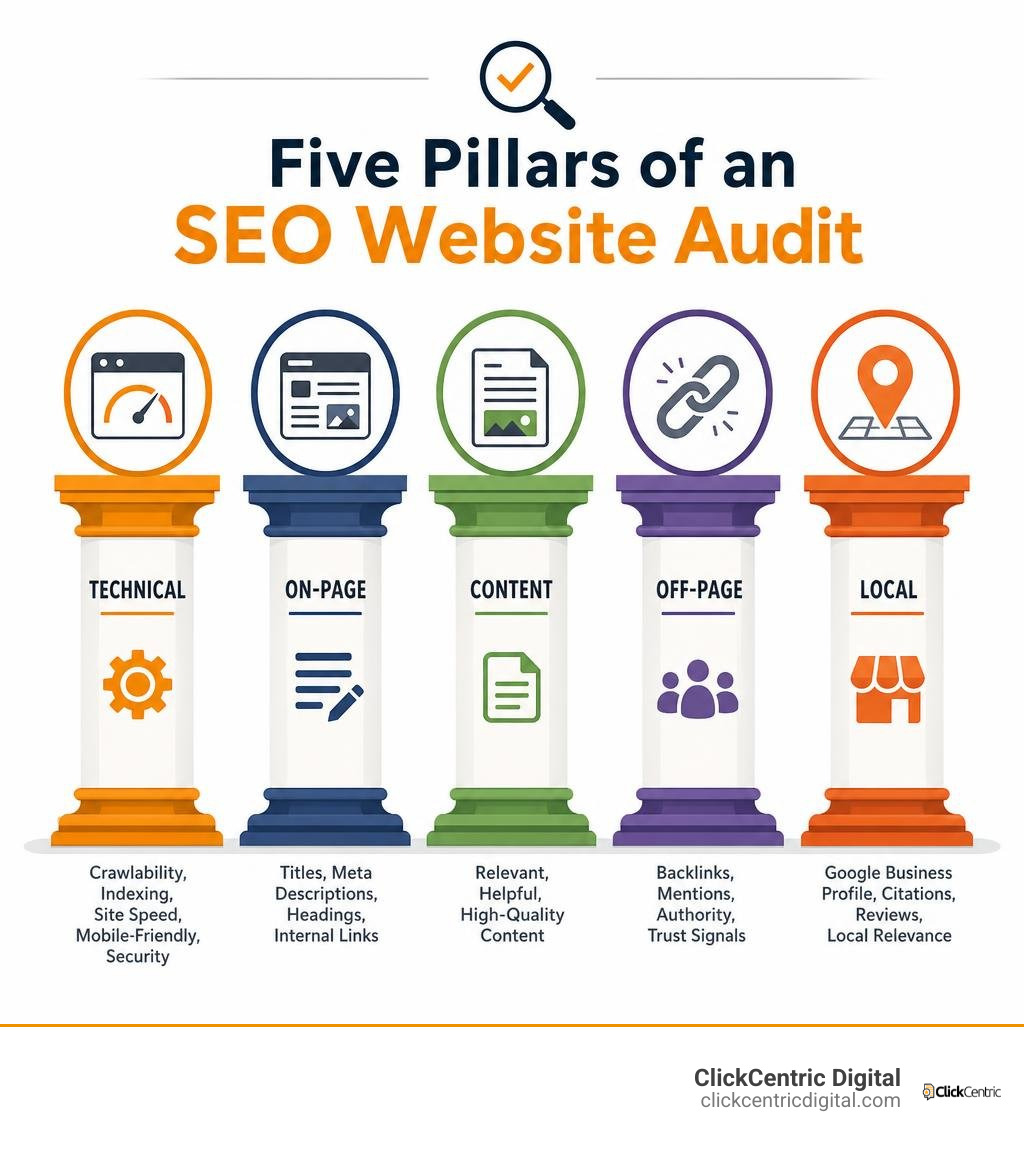Five pillars of an SEO website audit: technical, on-page, content, off-page, local infographic Five pillars of an SEO website audit: technical, on-page, content, off-page, local infographic