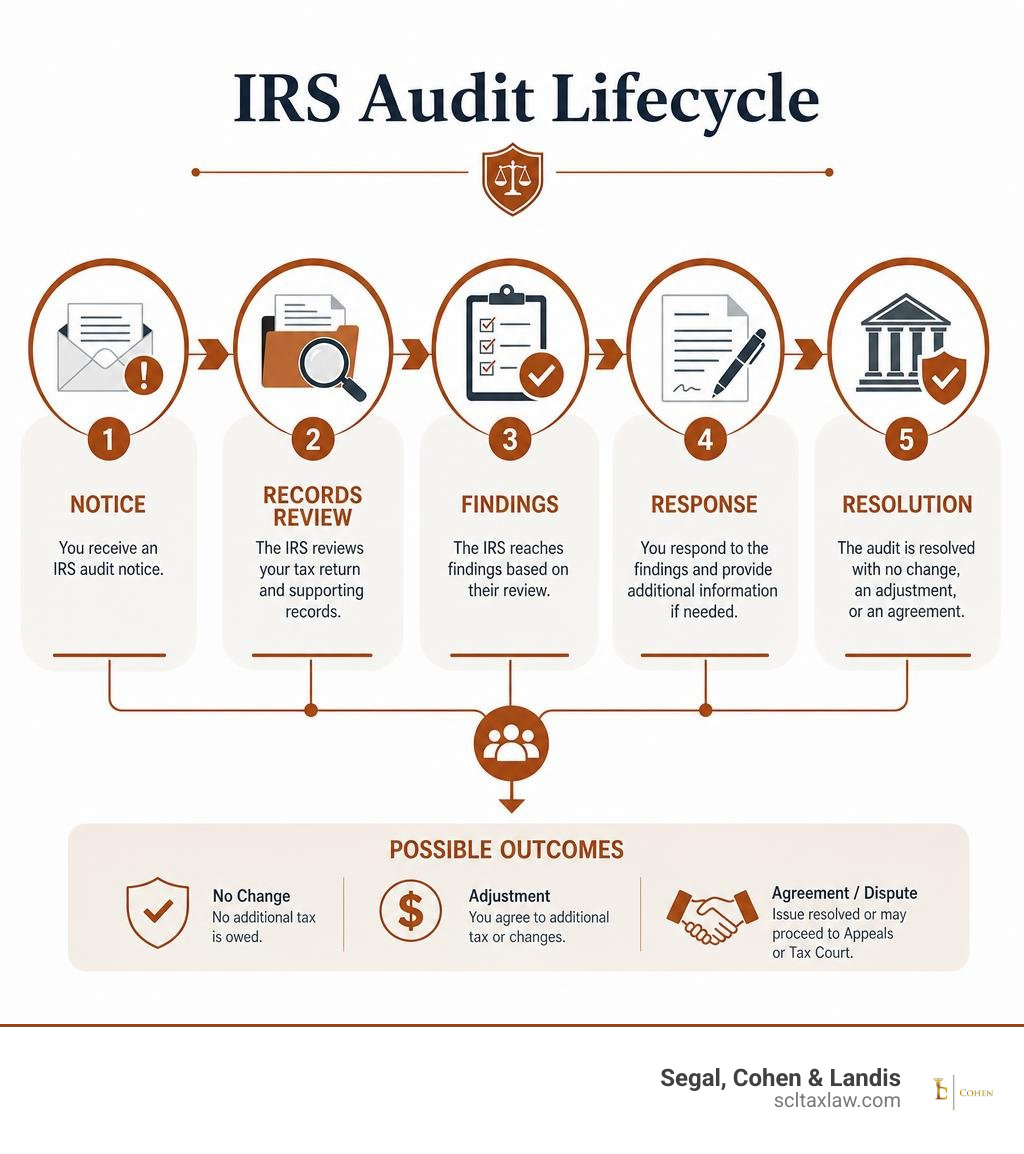 IRS audit lifecycle: notice, records review, findings, response, and resolution infographic
