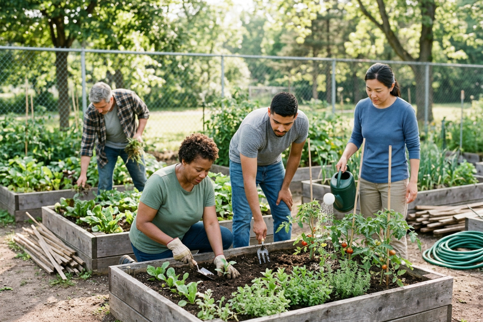 Diverse group of people working together in a community garden