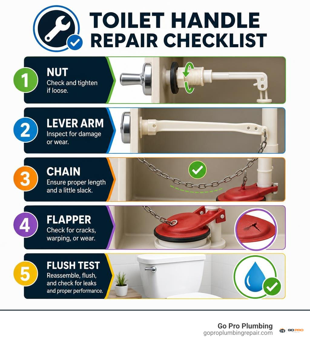 toilet handle repair checklist: nut, lever arm, chain, flapper, and flush test infographic toilet handle repair checklist: nut, lever arm, chain, flapper, and flush test infographic