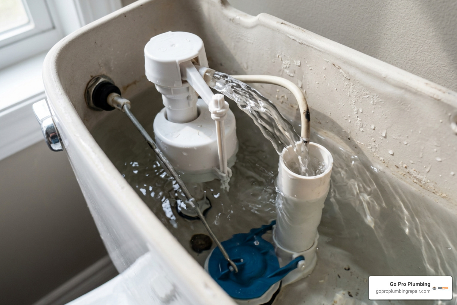 hissing toilet fill valve with continuous water flow into overflow tube