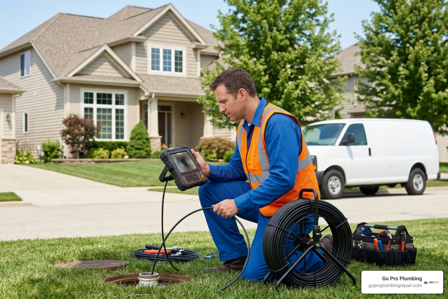 Plumbing technician conducting a high-resolution sewer camera inspection