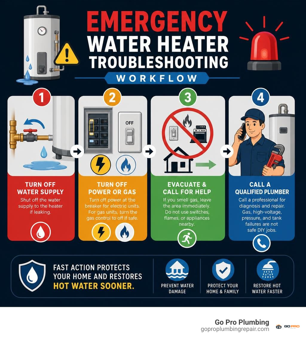 Emergency water heater troubleshooting workflow infographic Emergency water heater troubleshooting workflow infographic