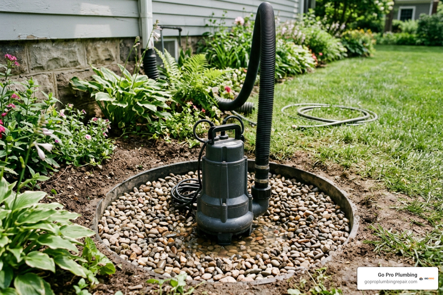 submersible pump inside gravel catch basin