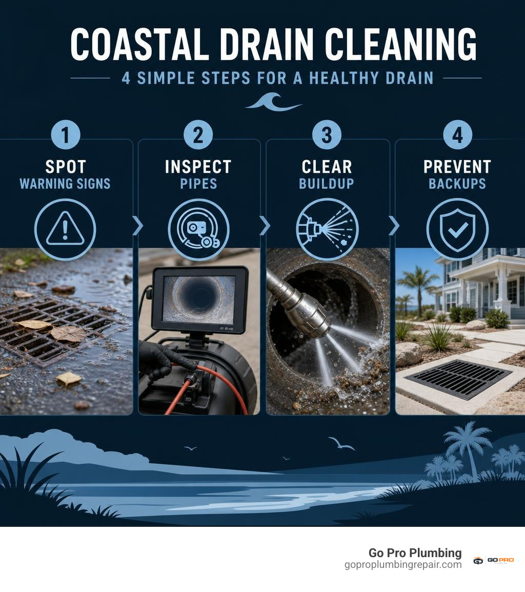 Coastal drain cleaning steps: spot warning signs, inspect pipes, clear buildup, prevent backups infographic
