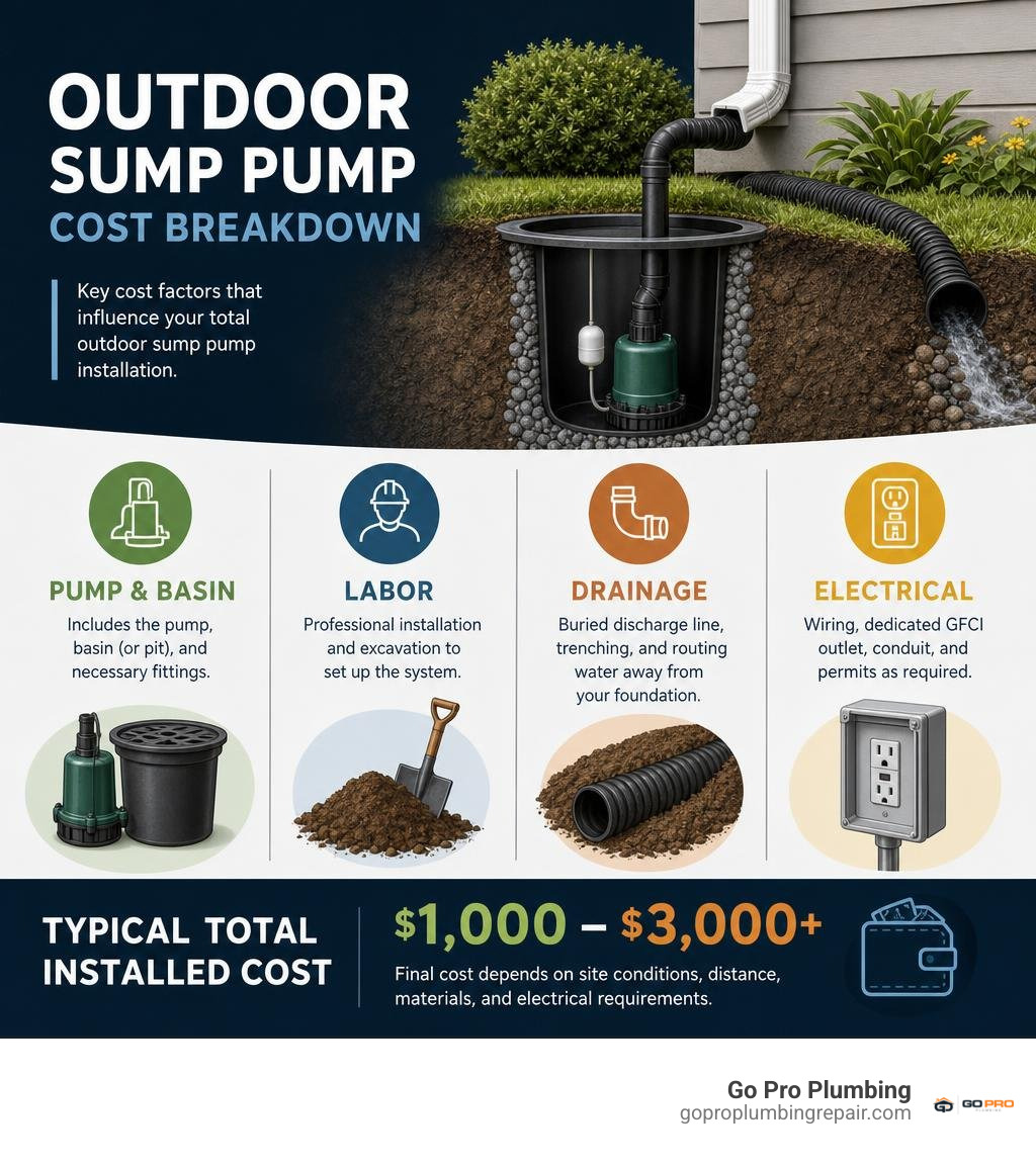 Outdoor sump pump cost breakdown with pump labor basin drainage and electrical infographic