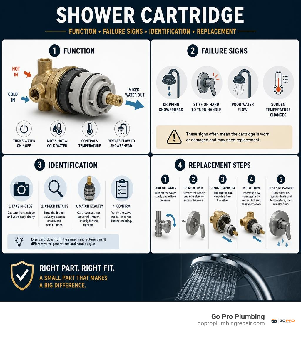 Shower cartridge function, failure signs, identification, and replacement steps infographic Shower cartridge function, failure signs, identification, and replacement steps infographic