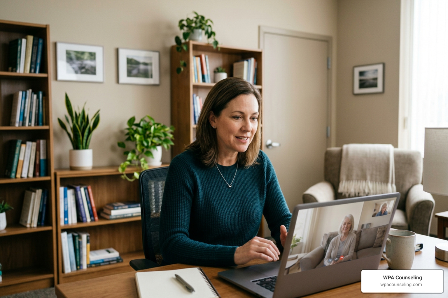 counselor conducting a virtual therapy session from a professional office counselor conducting a virtual therapy session from a professional office