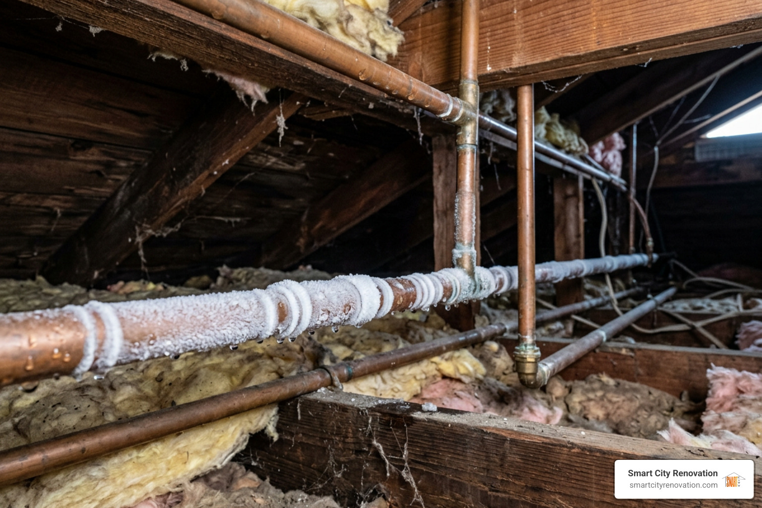 frost accumulation on exposed copper pipes in an attic frost accumulation on exposed copper pipes in an attic