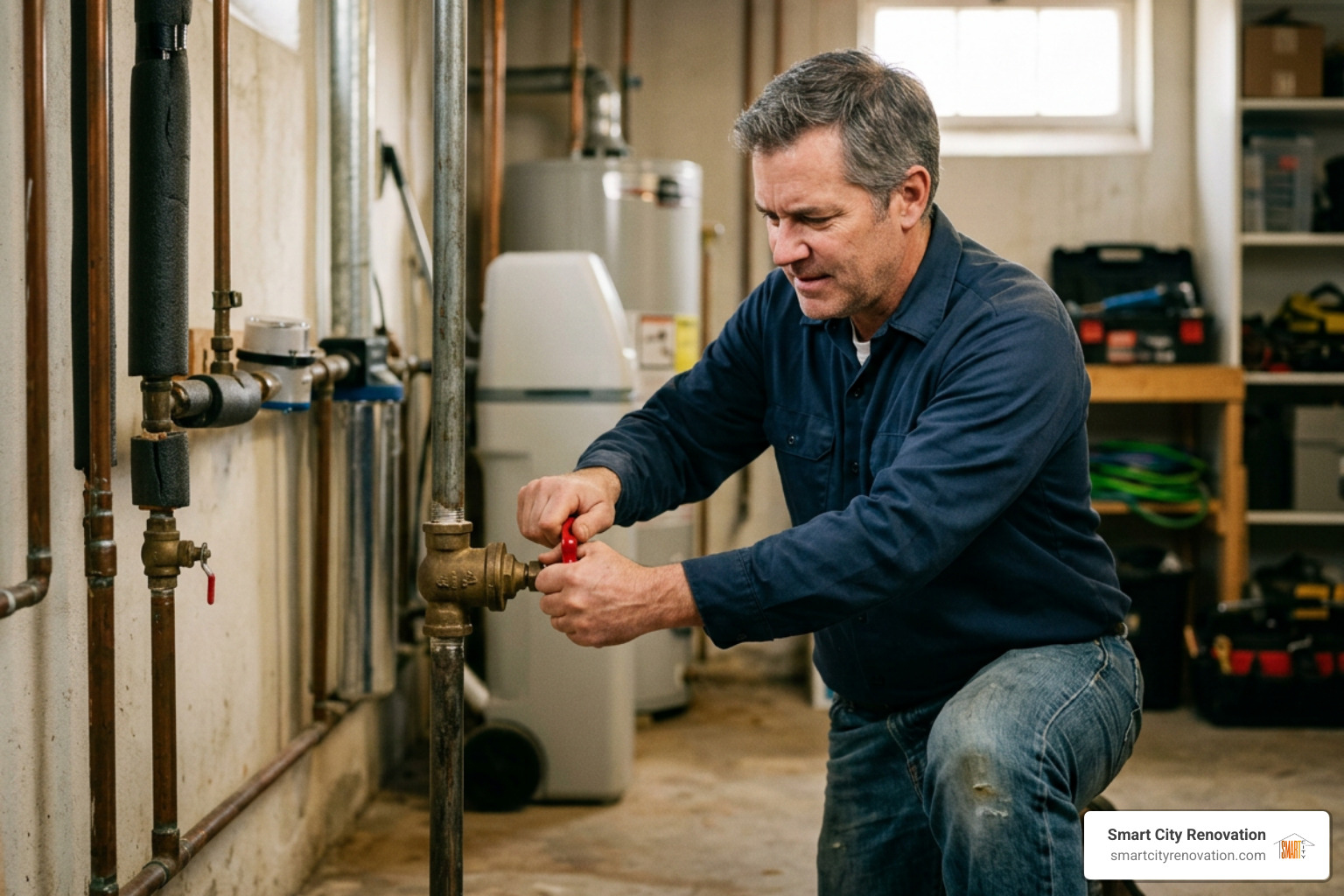 homeowner turning the main water shut-off valve homeowner turning the main water shut-off valve