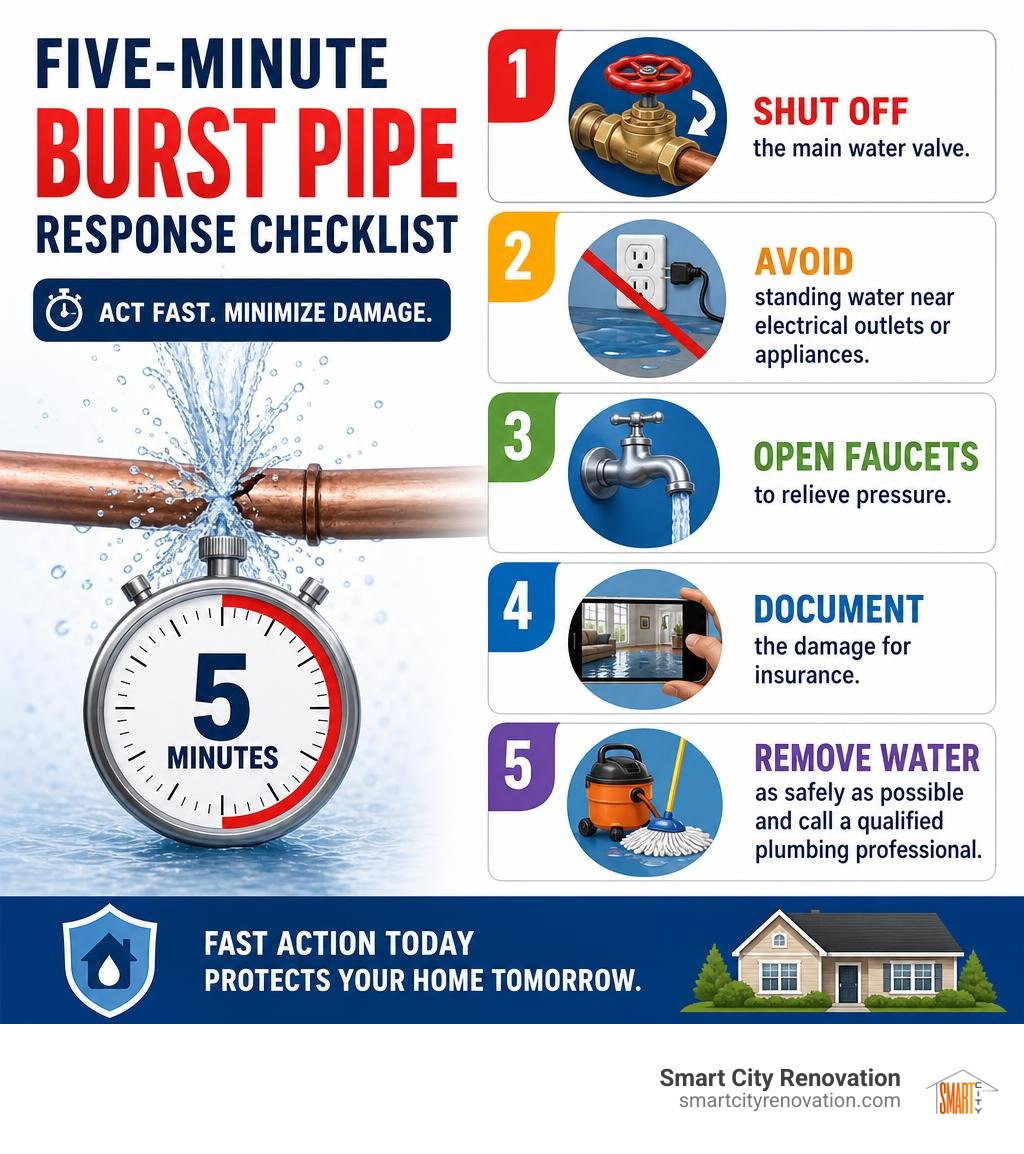 Five-minute burst pipe response checklist infographic Five-minute burst pipe response checklist infographic
