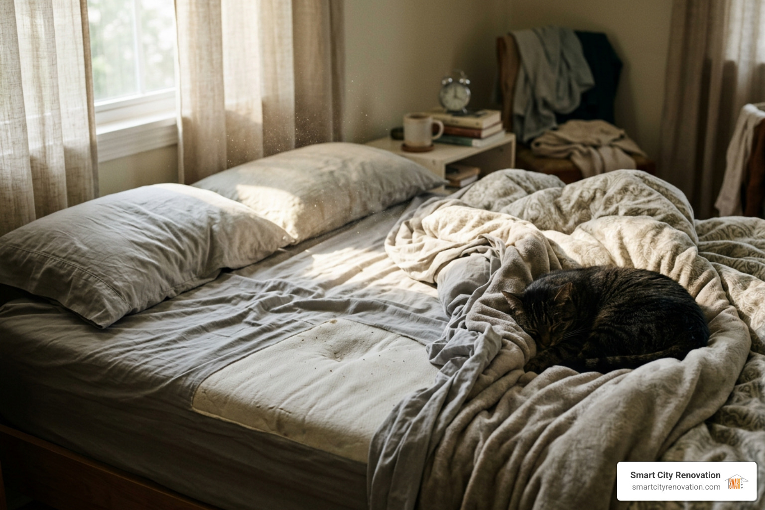 Bedroom pollution sources including dust mites, pet dander, and mattress VOCs Bedroom pollution sources including dust mites, pet dander, and mattress VOCs
